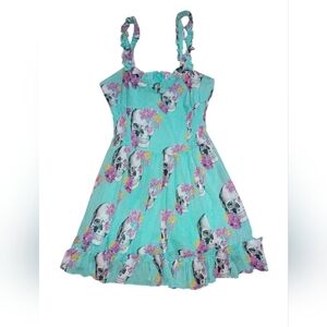 Royal Bones Turquoise Dress with Skull and Floral Design